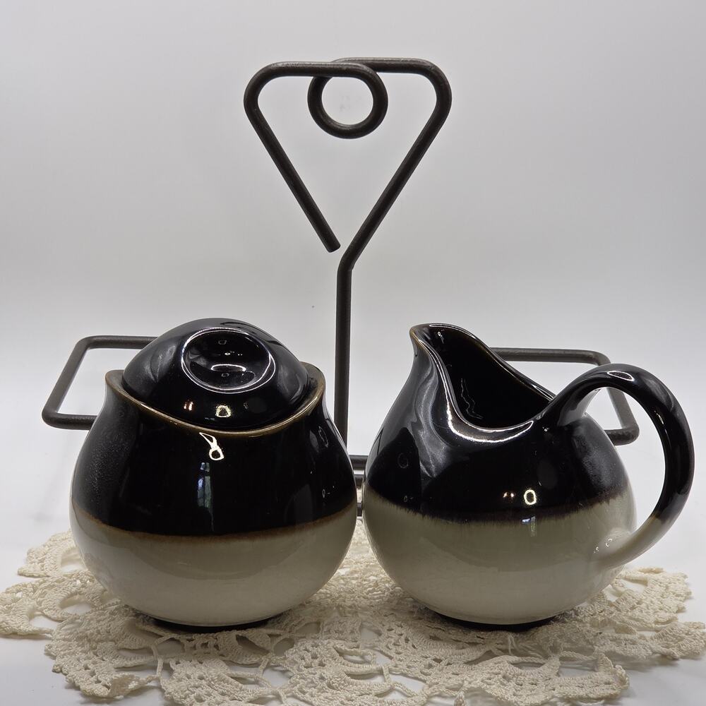 Sango Nova Black 4932 China Creamer & Sugar Bowl With Metal Caddy Holder